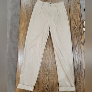 High Waisted Faux Leather Beige Tan Cigarette Straight Leg Rolled Cuff Pants